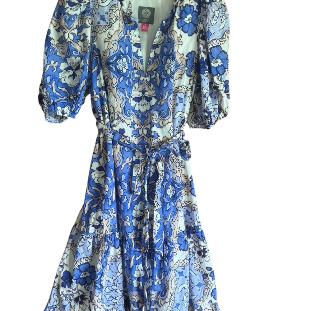 Vince Camuto Blue and White Puff Sleeve Sundress